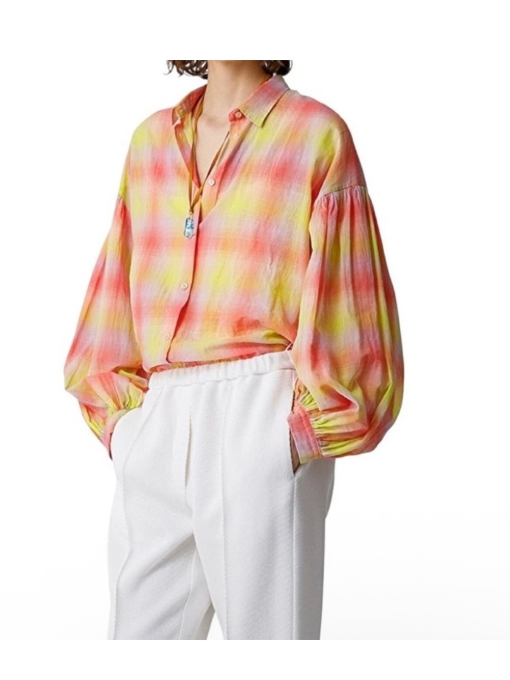 Sheer Plaid Button-Up Blouse in Pink, Yellow & Coral
